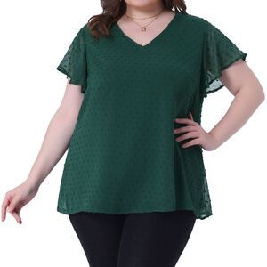 Plus Size Blouse Flare Short Sleeve V Neck Casual Swiss Dots Tops Dark Green